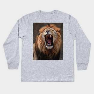 Majestic Serenity: Hyperrealistic Oil Painting of an Amazing Zoo Lion Kids Long Sleeve T-Shirt